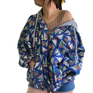 Vintage David Brooks Blue Cotton Sailboat Zippered Hoodie Jacket XL